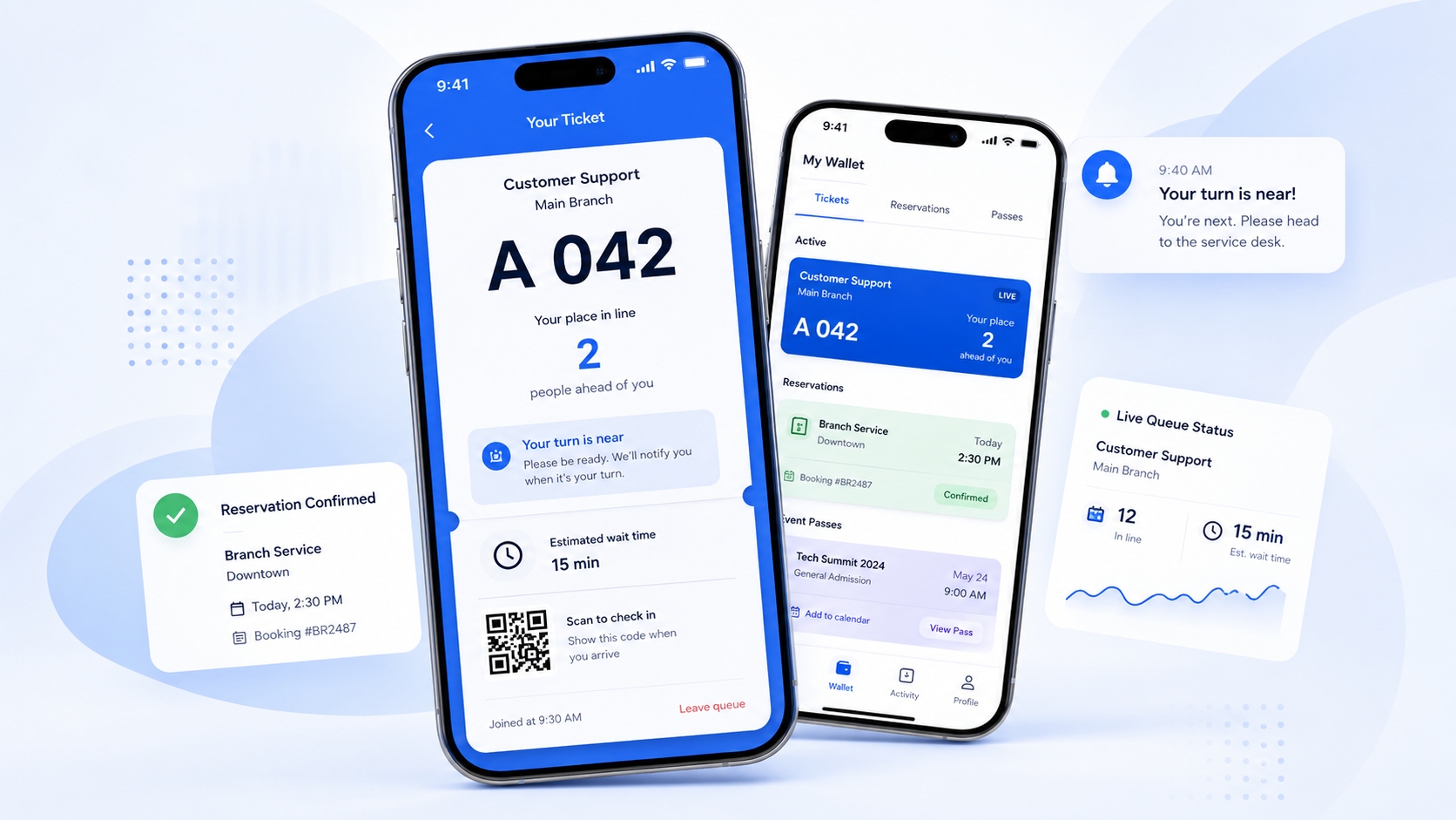 Virtual-Que mobile app showing queue ticket, live position, reservations, wallet passes and notifications